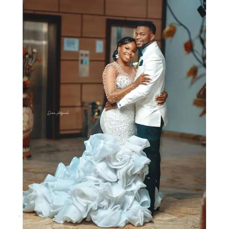 Shinny Full Beads Crystals Mermaid Arabic Aso Ebi Wedding Dress Long Sleeves Tiered Ruffles Bridal Gowns bc19872