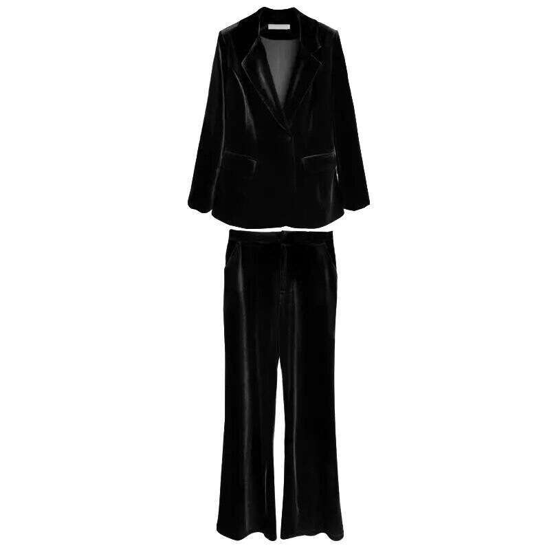 Ladies' Suit Autumn Fashion Elegant Casual Women Veet Pantsuits Vintage Slim Solid Jackets High Waist Pants 2 Pieces Set Female Outfits New