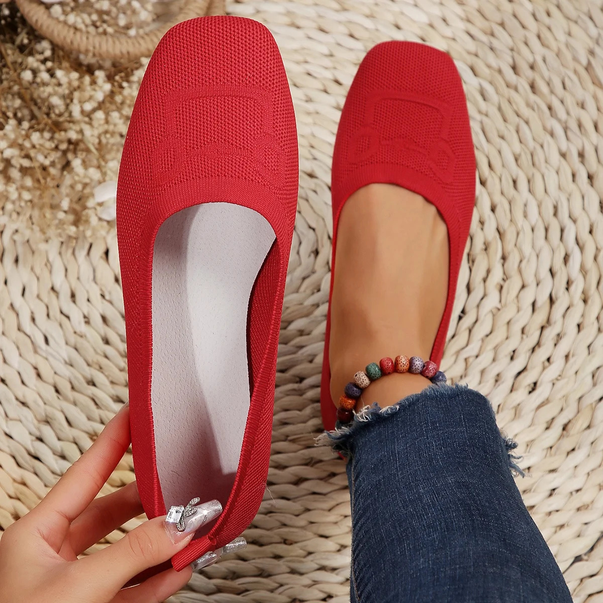 Womens Flat Shoes Solid Color Knitted Slippers Casual Breathable Ballet Soft Shoes Womens Flat Shoes Zapatos De Mujer 241213