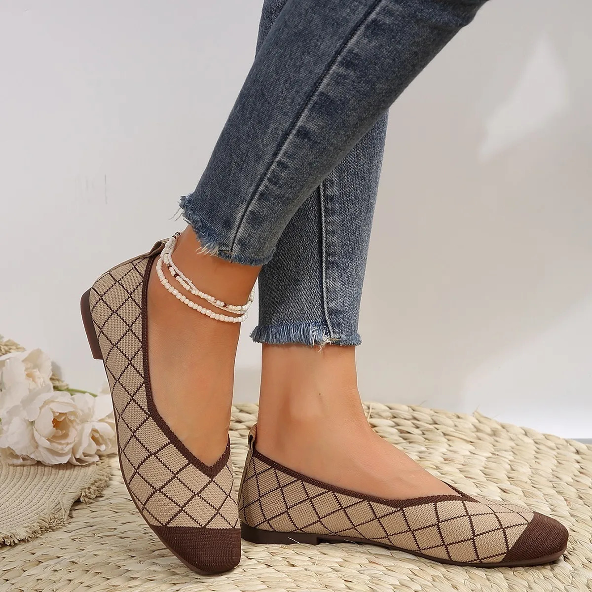 Womens Flat Shoes Solid Color Knitted Slippers Casual Breathable Ballet Flat Shoes er Shoes Loafers Womens Sports Shoes 241213