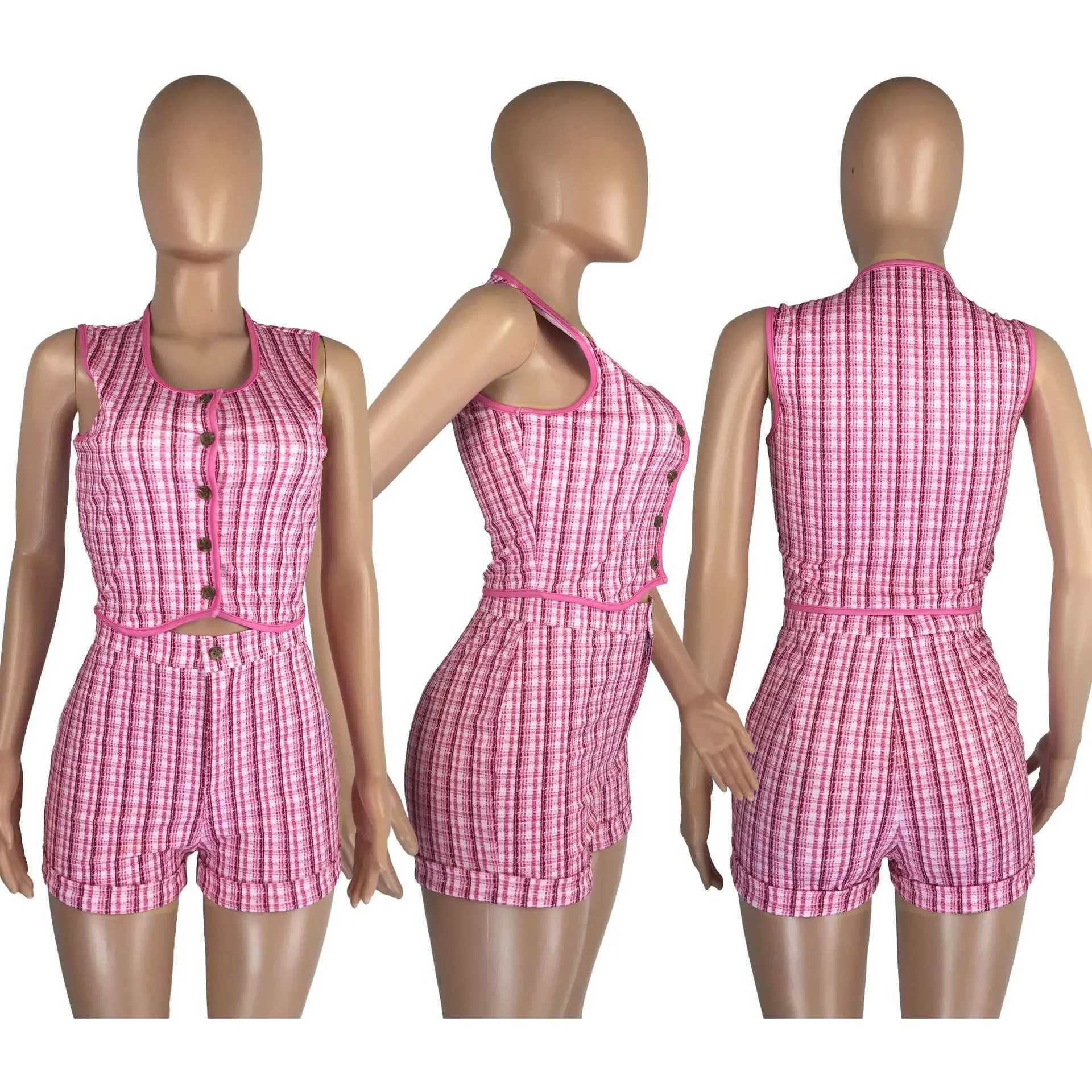 Women's Two Piece Pants CM.YAYA Women Plaid Shorts Set and Single Breasted Tops Matching Two 2 Piece Set 2022 Summer INS Elegant Tracksuit Sweats