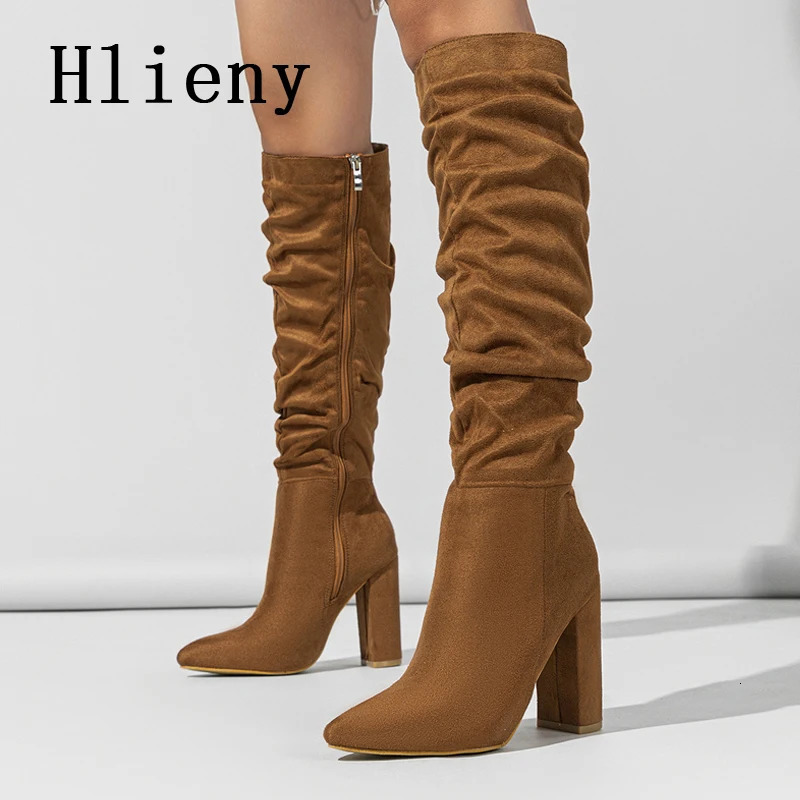 Hlieny Fashion Black Red Womens Knee High Heels Sexy Point Toe Square High Heels Womens Long Zipper Womens Shoes Size 35-42 241213