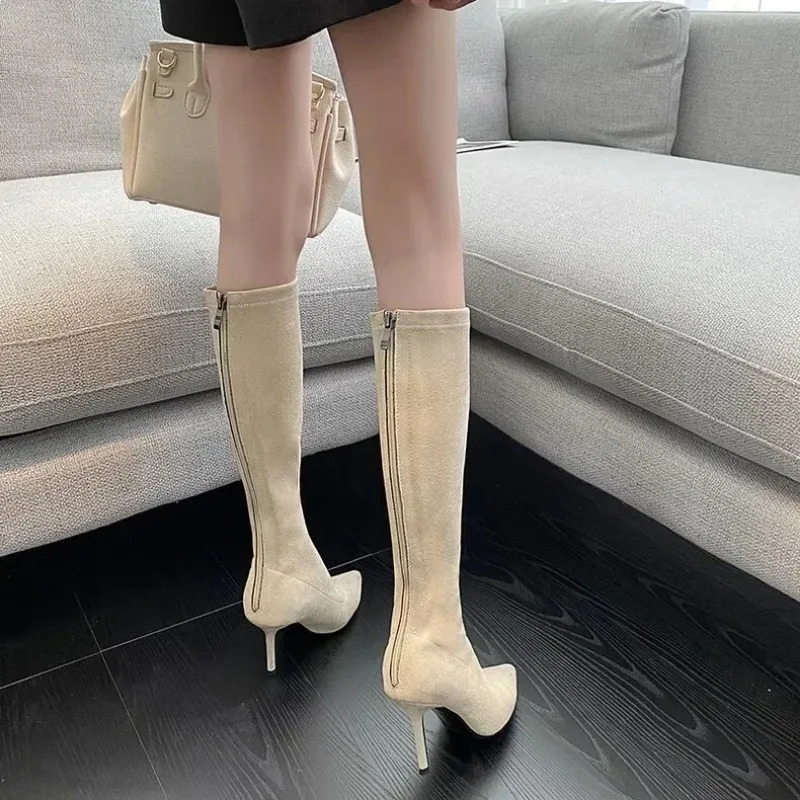 Fashion High Knee Boots Europe and America Sexy Stiletto Shoes Mid calf Boots Womens Elastic Pointed Modern Boots Women Shoes 241213