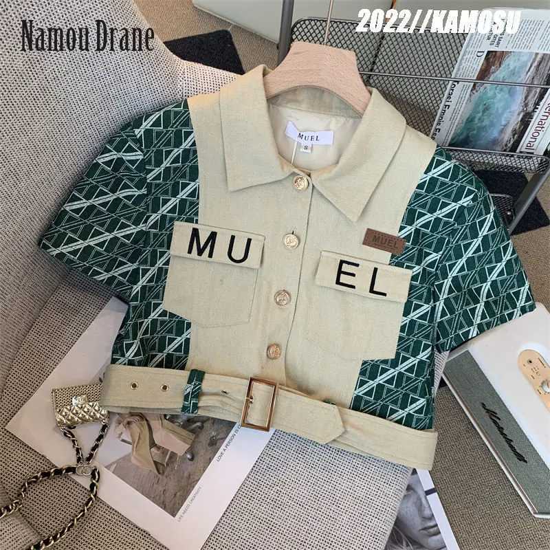 Women's Two Piece Pants Women Shorts Two Piece Set Short Slve Turn-down Collar Shirts High Waist Shorts New Retro Splicing Casual 2 Pecs For Offi