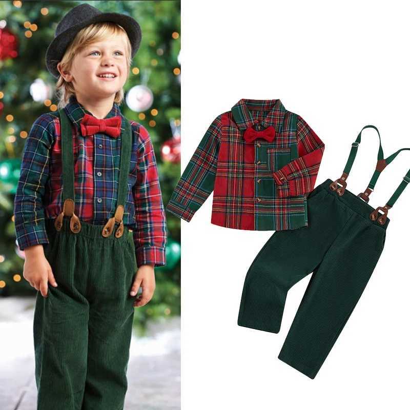 FOCUSNORM 1-7Y Preschool Boys Gentlemens Clothing Set Christmas Checkered Printed Button Long Sleeve Shirt and Hangers W241213