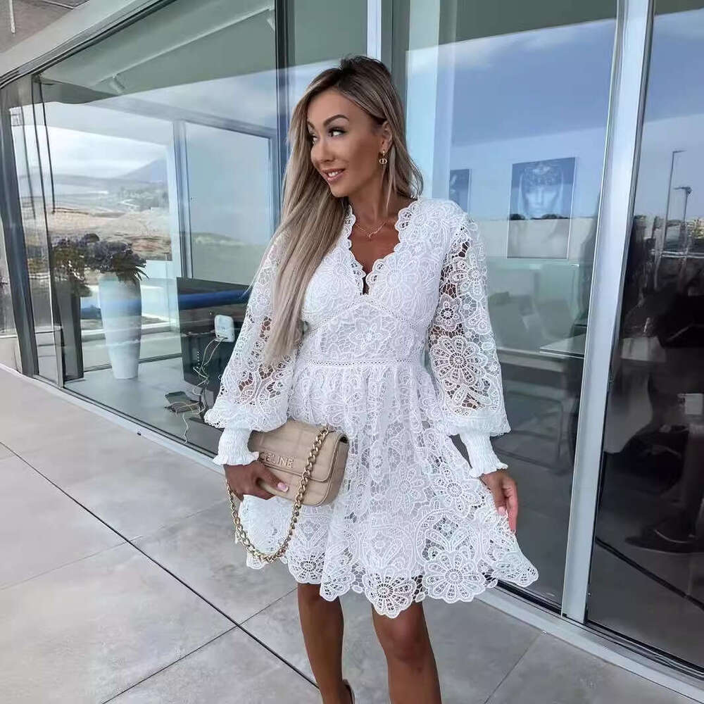 European And American Style Commuting V-Neck Sexy Hollow Lace Dress, Fashionable Quality Classic