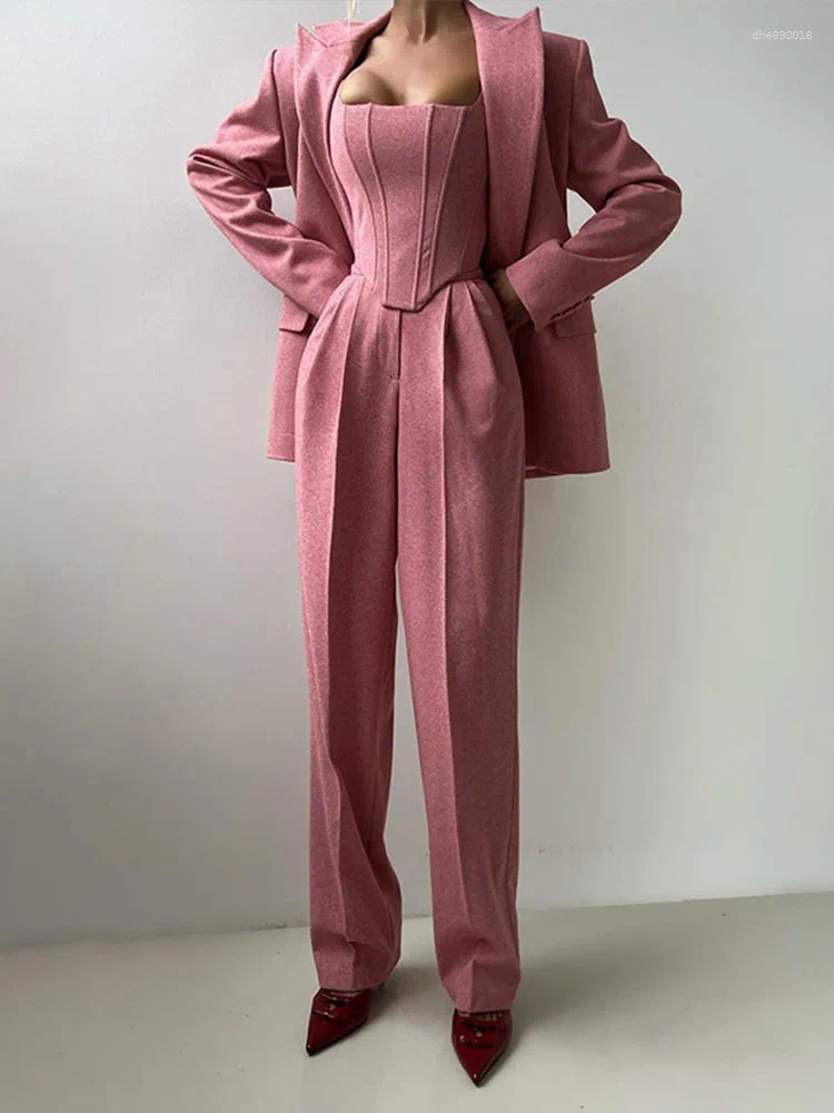 Women's Two Piece Pants Fashion Grey Sets For Women 3 Pieces Elegant Long Sleeve Belt Blazer Tank Top With High Waist Wide Trousers Lady