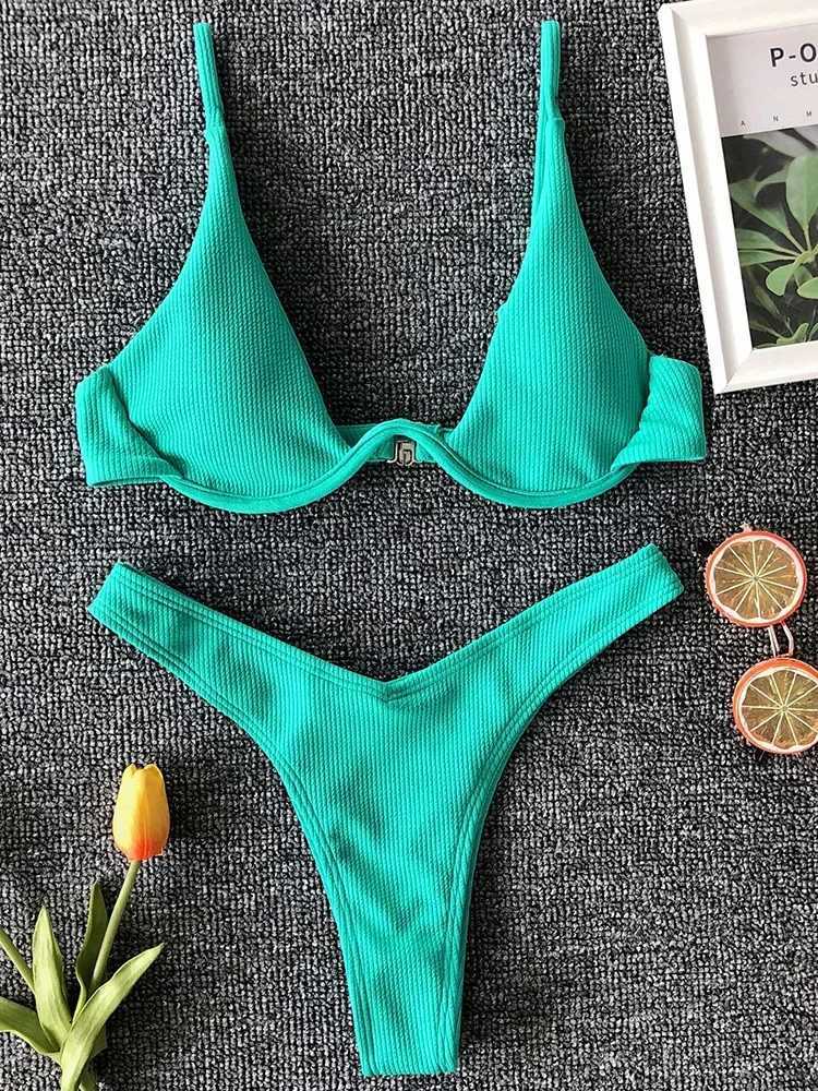 Sexy Neon V-bar Underwired Bikini 2024 Fa Ribbed Swimsuit Women Thong Swimwear Two-pieces Bikini set Push up Bathing SuitXJ241212