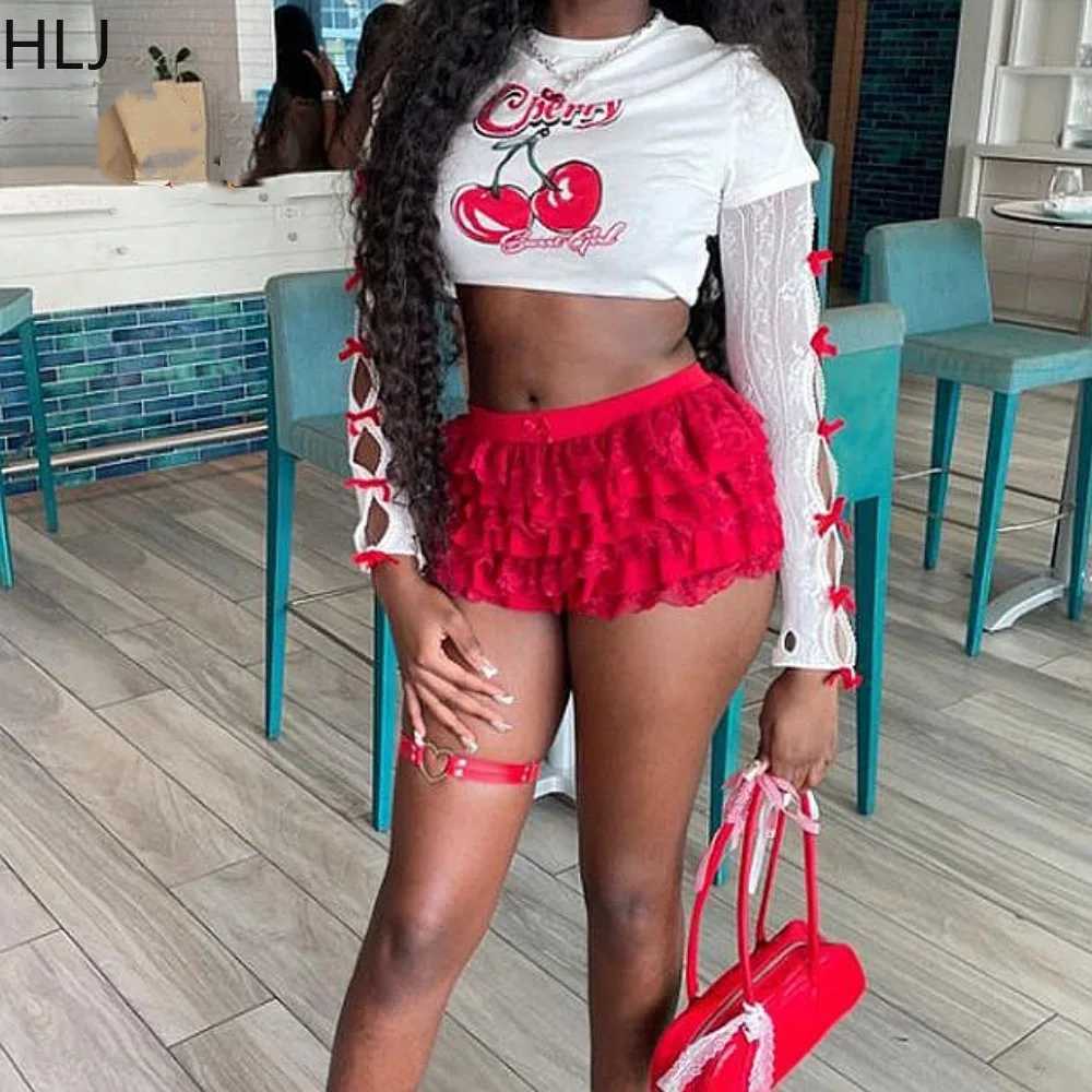 Women's Two Piece Pants HLJ Swt Cherry Printing Y2K 3 Piece Sets Women O Neck Short Slve Crop Top And Lace Ruched Shorts Outfits Fashion Strtwear