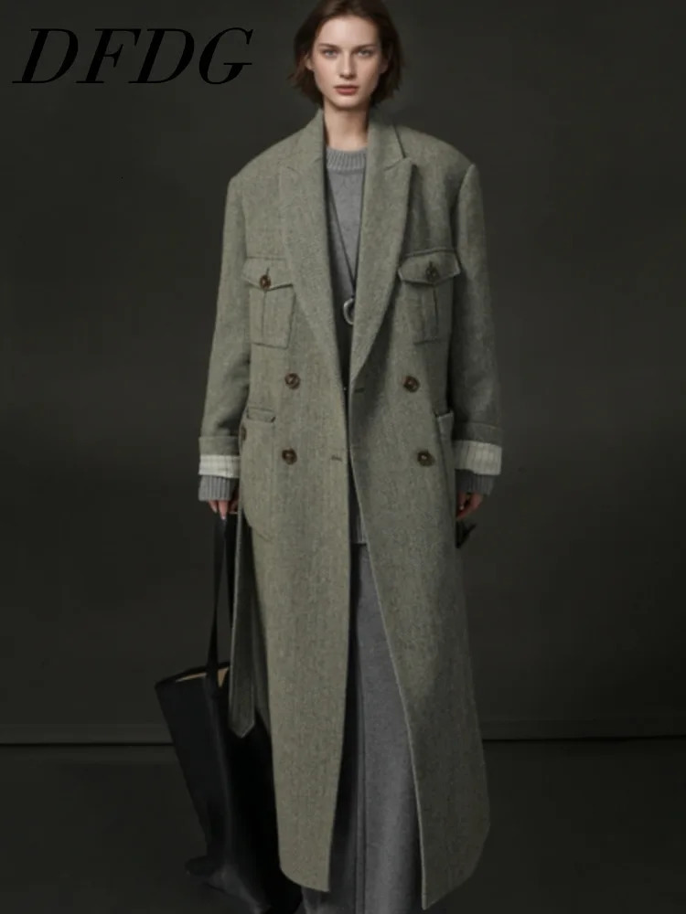 DFDG Herringbone Pattern Right Angled Shoulder n Temperament Cashmere Woolen Coat Autumn Winter For Women 241213