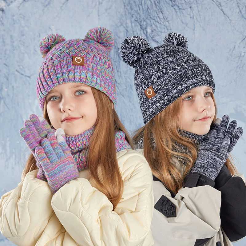 3Pcs Winter Kids Hat Set for Girls Boys Warm Knitted Children Beanie Scarf Gloves Fleece Lining Pompom Children Cap 4-10YXJ241213
