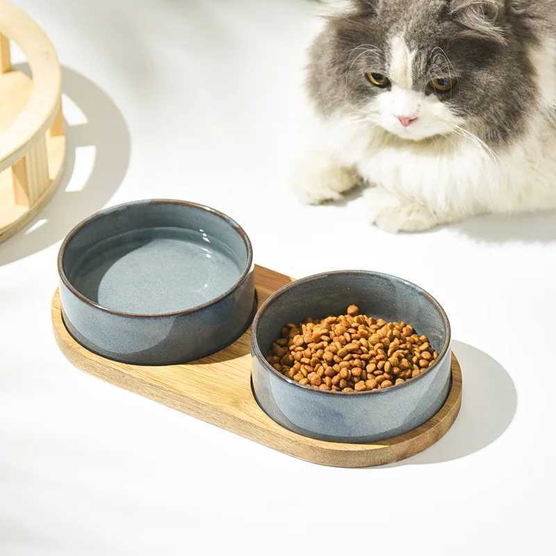 Cat Feeders Dog Bowl Ceramic Matte Pet Bowl Cervical Spine Protector Anti Knock Over Wooden Tray Pet Feeding Supplies Cat Accessories z241213