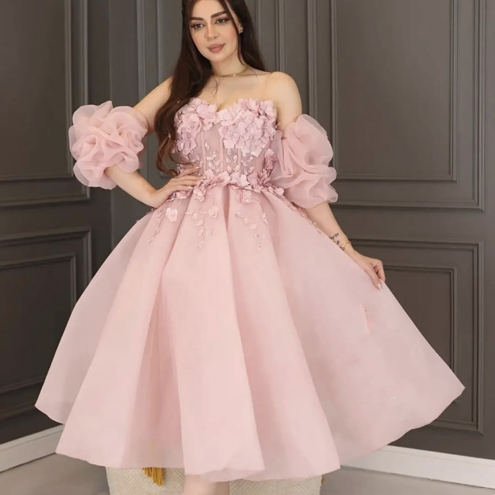 3D Floral Appliques Prom Dresses Tea Length Pink A Line Graduation Gown With Removable Short Sleeves Strapless Homecoming Dress Special Occasion Party