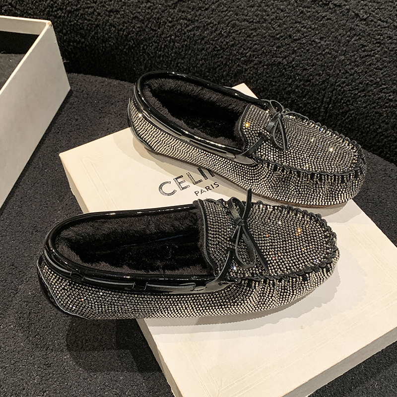 2025 High Quality Designer Plush Women's Flat Shoes Fashion Women's Luxury Bow Water Diamond Casual Shoes Plus Size Winter Warm Work Shoes S