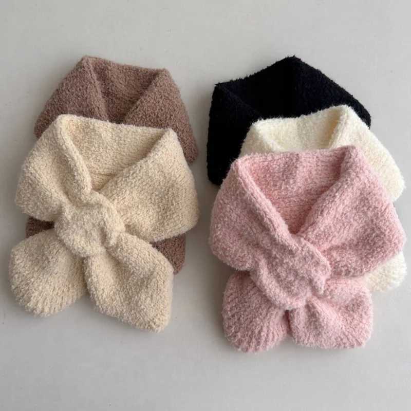 Scarves Wraps 0-6Y Baby Scarf Winter Knitted Plush Soft Cotton Solid Color Versatile Baby Windproof Outdoor Cross Scarves Warmer Neck Cover H241213