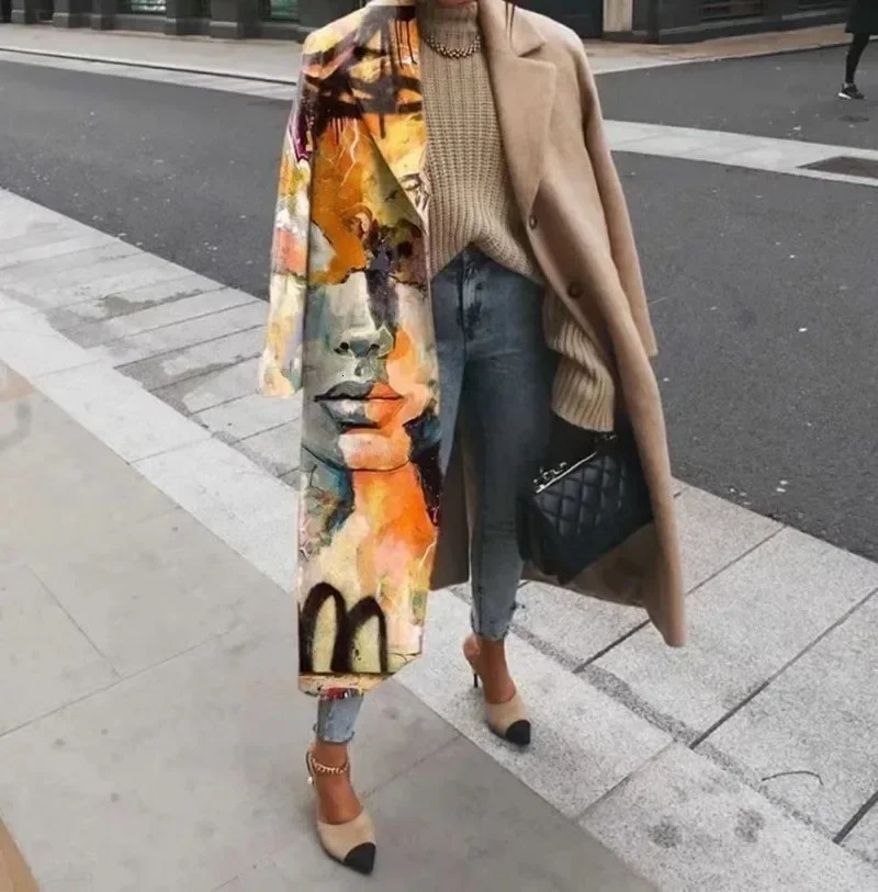 Autumn Street Lady Long Cardigan Coats Fashion Floral Print Pocket Sleeve Jacket Winter Women Elegant Blend Wool Coat 241213