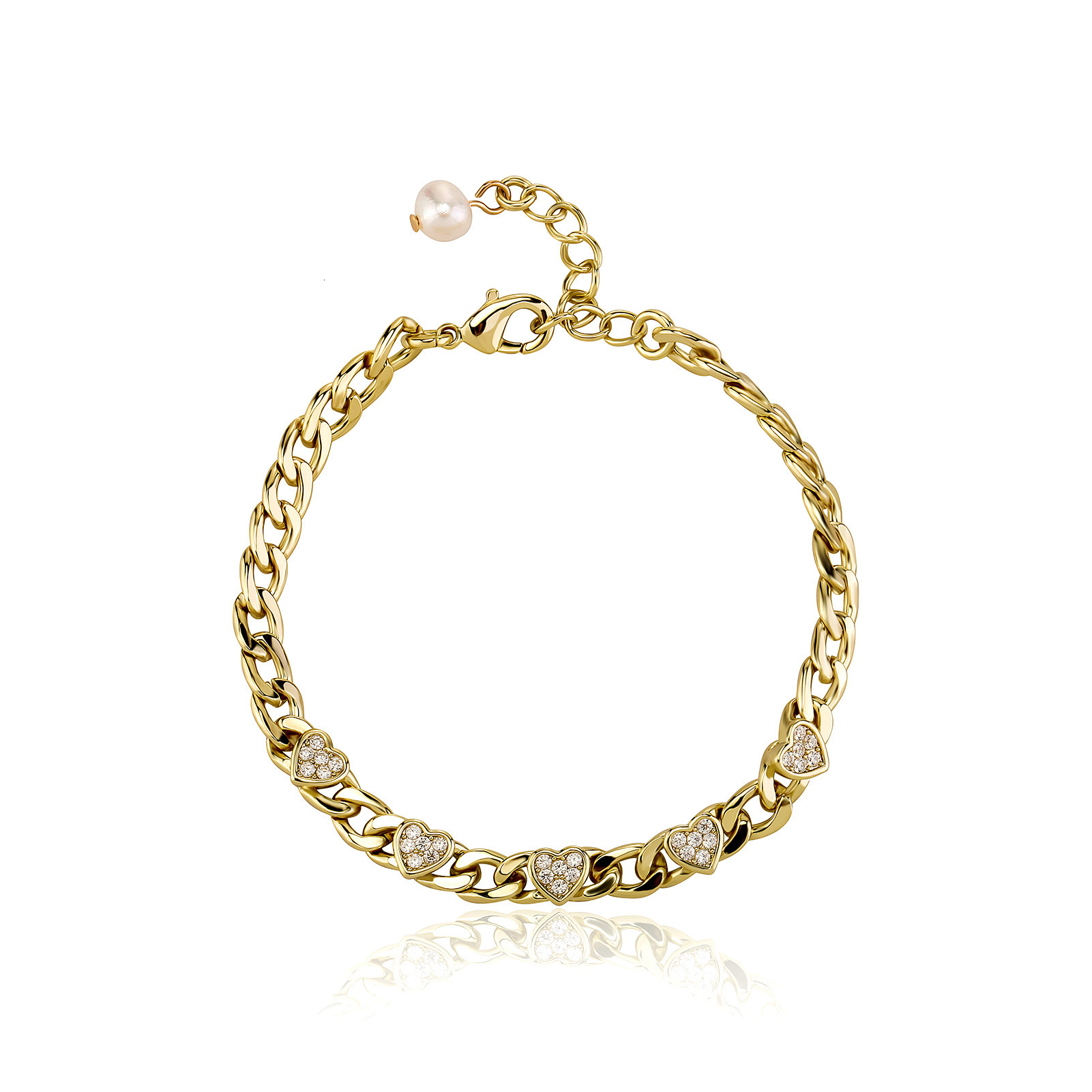 Boutique Pearl Love Heart Charm Cuban Link Chain Bracelet For Women Shiny Cubic Zirconia Trendy Couple Bracelets 18k Gold Color Preserved Wolf Tide Bi