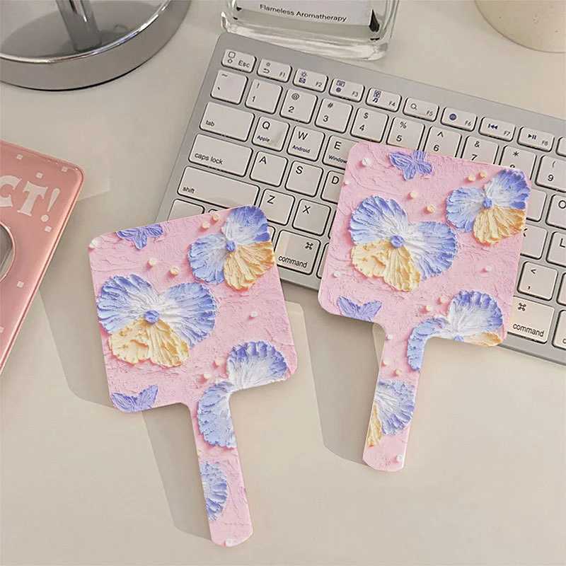 1Pcs Pink Flower Square Hand-Held Make-Up Mirror For Woman Girs Portable Handle Cosmetic Mirror Small Makeup ToolsXJ241213