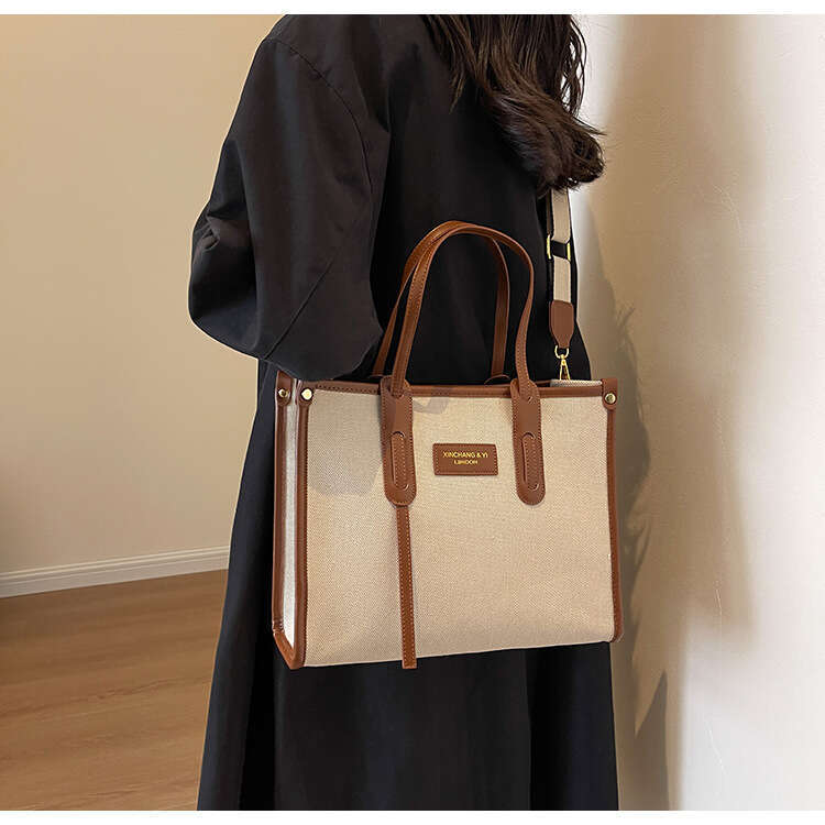 Large Capacity Hand-Held Women's New Trendy Canvas Contrasting Tote Daily Commuting Single Shoulder Crossbody Bag, Fashionable Quality Classic