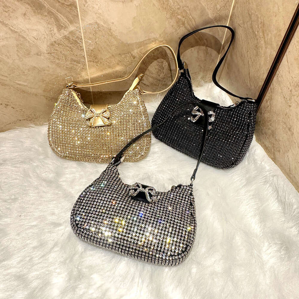 Luxury designer diamond studded women's armpit niche sparkling rhinestone dinner bag, cute bow handbag