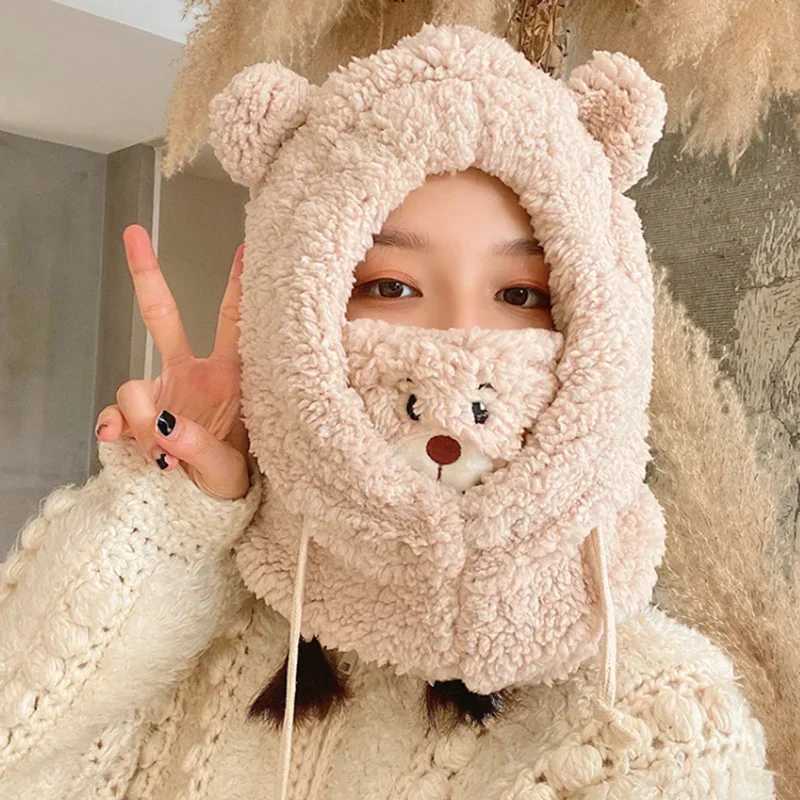 Bear Ear Lamb Beanie Hat With Mask Warm Balaclava Winter Thickened Ear Protection Autumn Skullies Beanies for Women GirlXJ241213