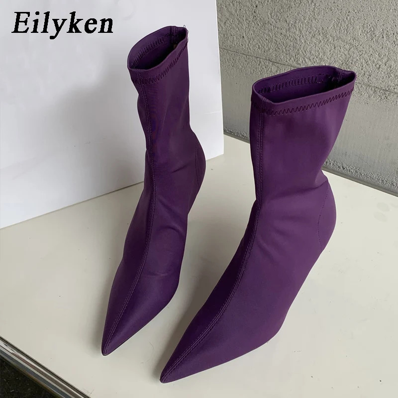 Eilyken 2024 spring autumn stretch fabric womens ankle boots sexy Pointed Toe high heels fashionable womens socks pump shoes 241213
