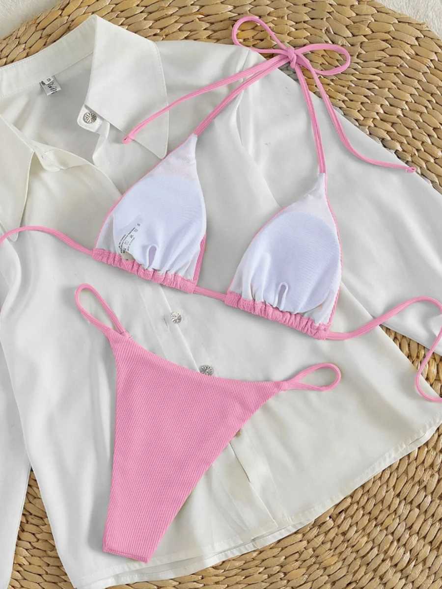 String Bikinis 2024 Women Sexy Triang Swimsuit Solid Swimwear Fa Padded Bathers Bathing Swimming Swim Suit BeachwearXJ241212