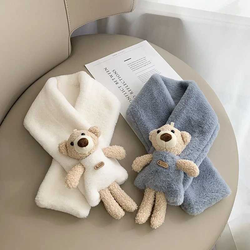 Scarves Wraps Cartoon Bear Kids Cross Scarf Winter Plush Children Warm Neck Collar Thicken Faux Rabbit Fur Baby Scarves Boy Girl Neckerchief H241213