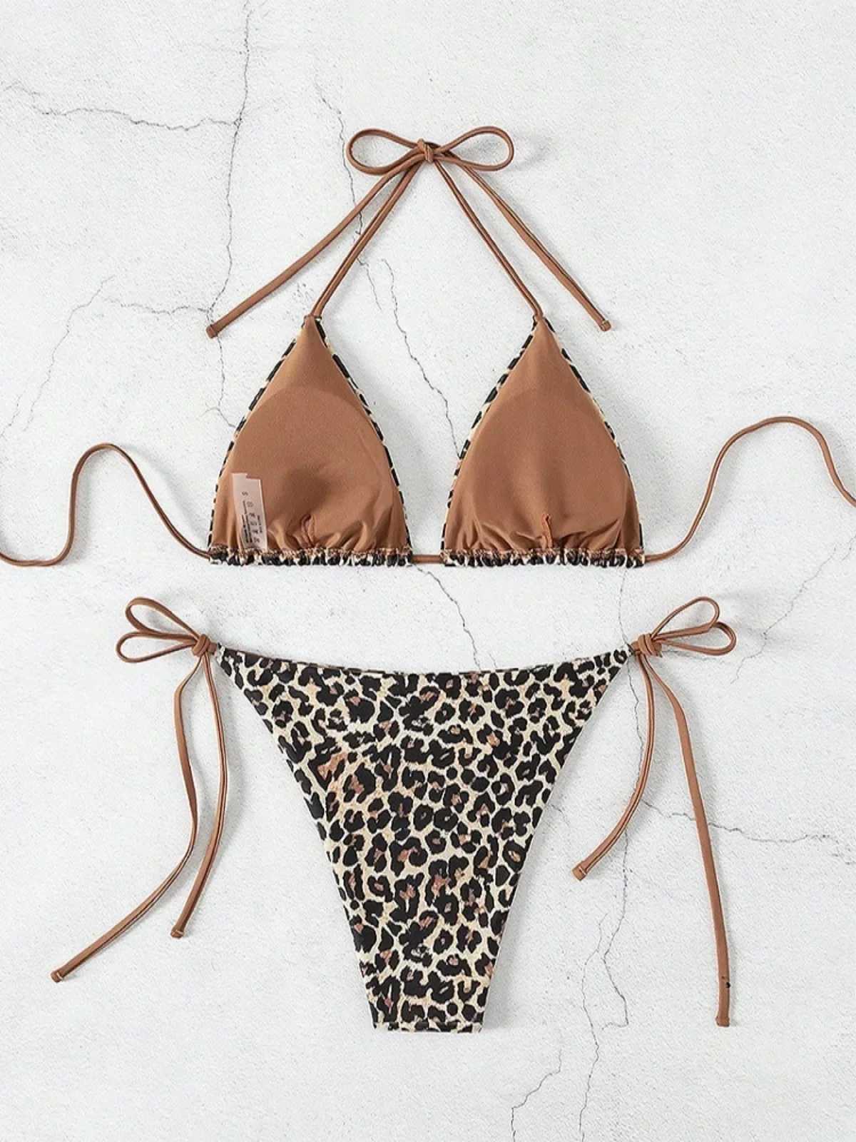 Sexy opard Print Two Piece Swimsuit Set Triang Bra Suspender Halter ss Bikini Set Beach Vacation Lace-up Swimwear 2025XJ241212