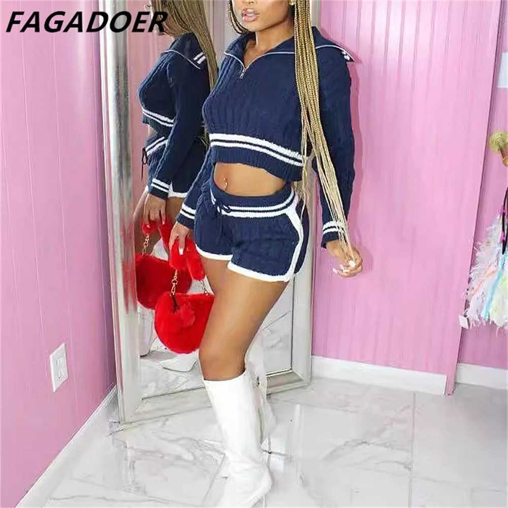 Women's Two Piece Pants FAGADOER Swt Knit 2 Piece Sets Women Outfit Female Lapel Zip Stripe Patchwork Crop Top And Drawstring Waist Shorts Suits 
