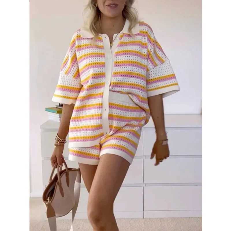 Women's Two Piece Pants JINIA Summer Striped Knitted 2 Piece Short Sets Women 2024 Casual Single Breasted Lapel Cardigan Short Sets Ladies Boho O