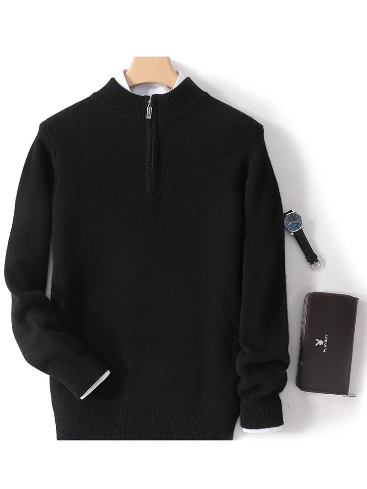 Men Mock Neck Zipper Sweaters 100% Merino Wool Pullover Casual Fashion Clothing Autumn Winter Thick Cashmere Knitwear Tops 241213