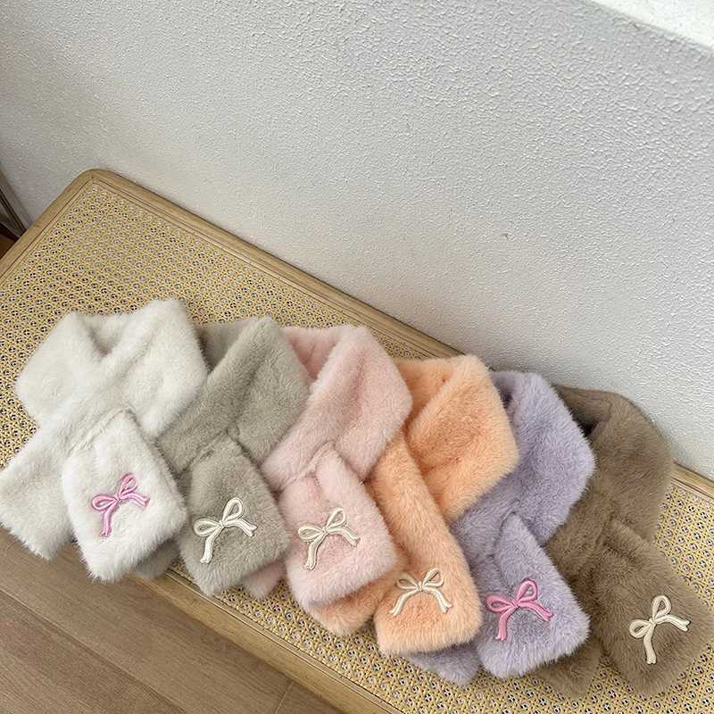 Scarves Wraps Embroidered Bow Baby Plush Scarf Winter Warm Children Neckerchiefs Korean Kids Cross Neck Covers Sweet Girl Fur Collars 2-8Years H241213