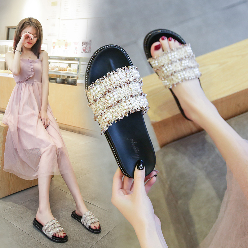 Korean version of fashion NEW women 2025 summer new pearl sequin braided flip-ps wear large size slippers 33-43