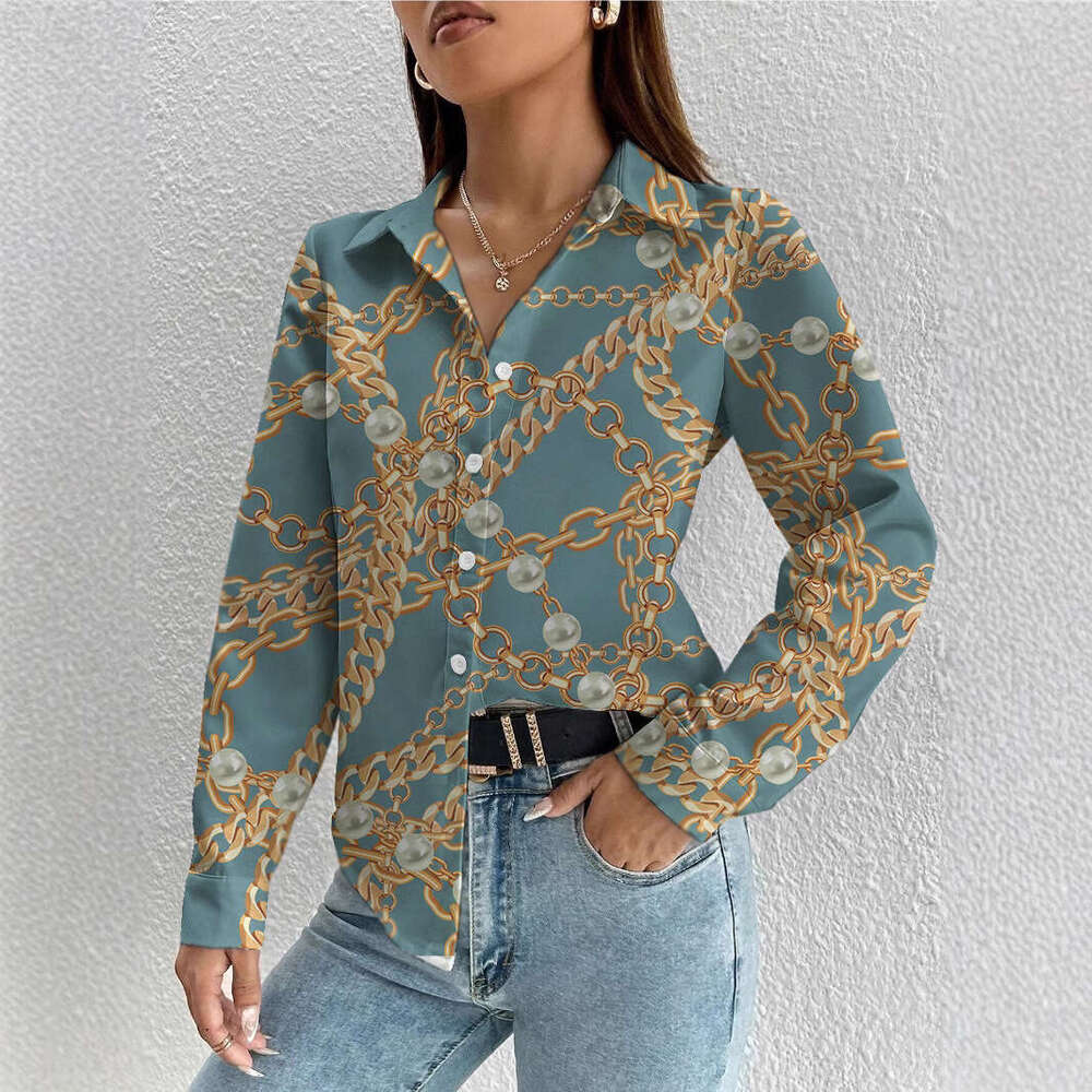 New Retro Digital Printed Long Sleeve Collar Top Women's Trendy Clothing Fashionable Casual Style