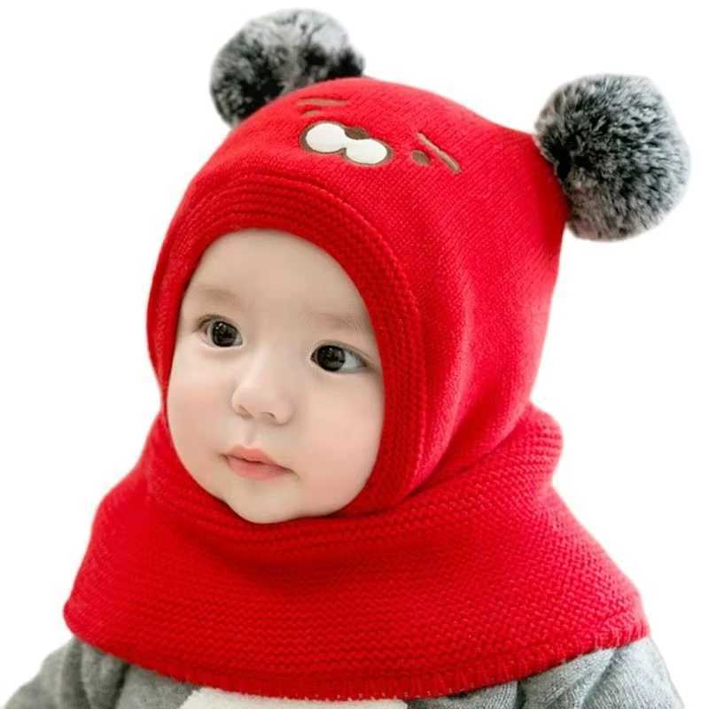 Cute Pompom Knitted Kids Hooded Beanie One Piece Scarf Cap Winter Baby Balaclava Hat Toddler Girl Boy Ear Protection Warm HatsXJ241213