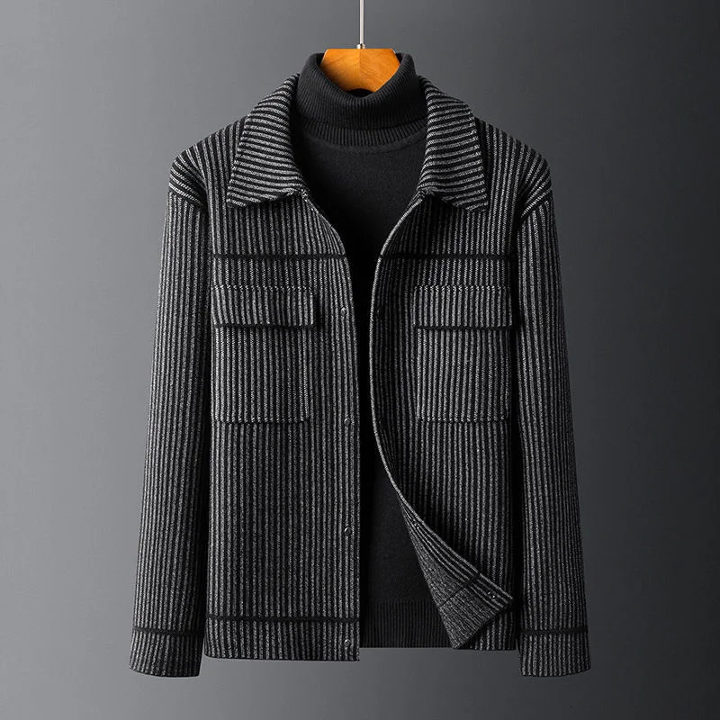 autumn and winter highend wool jacket mens Lapel trend handsome striped coat sweater casual wear 241213