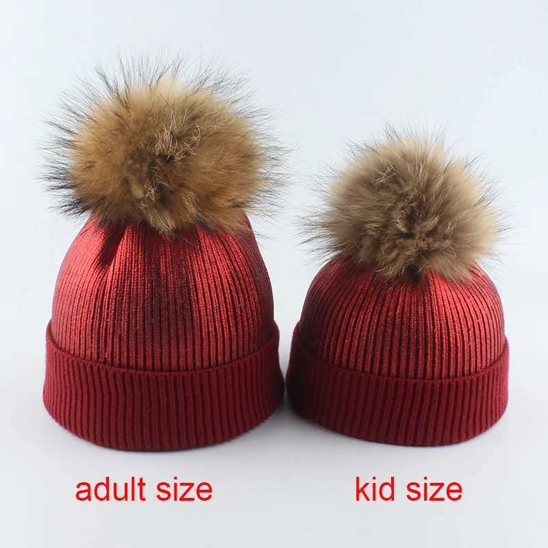 Wool Knitted Winter Hat For Kids Girls Boy Gold Silver Pink Black Metallic Print Beanie Real Fur Pompom HatXJ241213