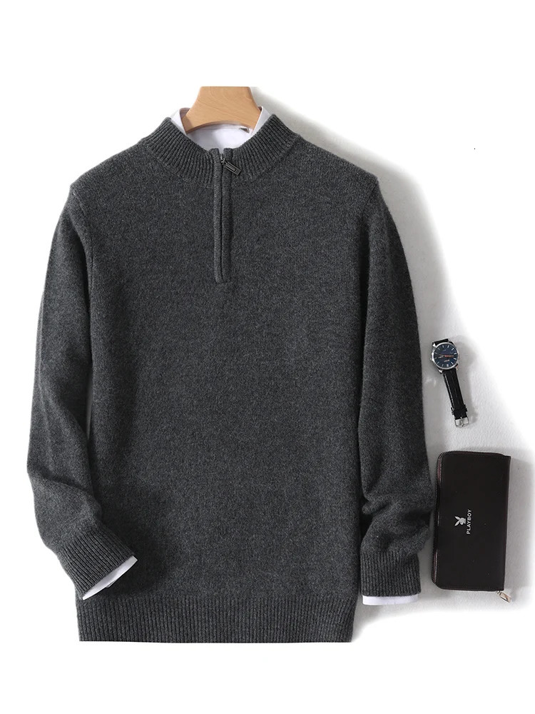 Men Mock Neck Zipper Sweaters 100% Merino Wool Pullover Casual Fashion Clothing Autumn Winter Thick Cashmere Knitwear Tops 241213