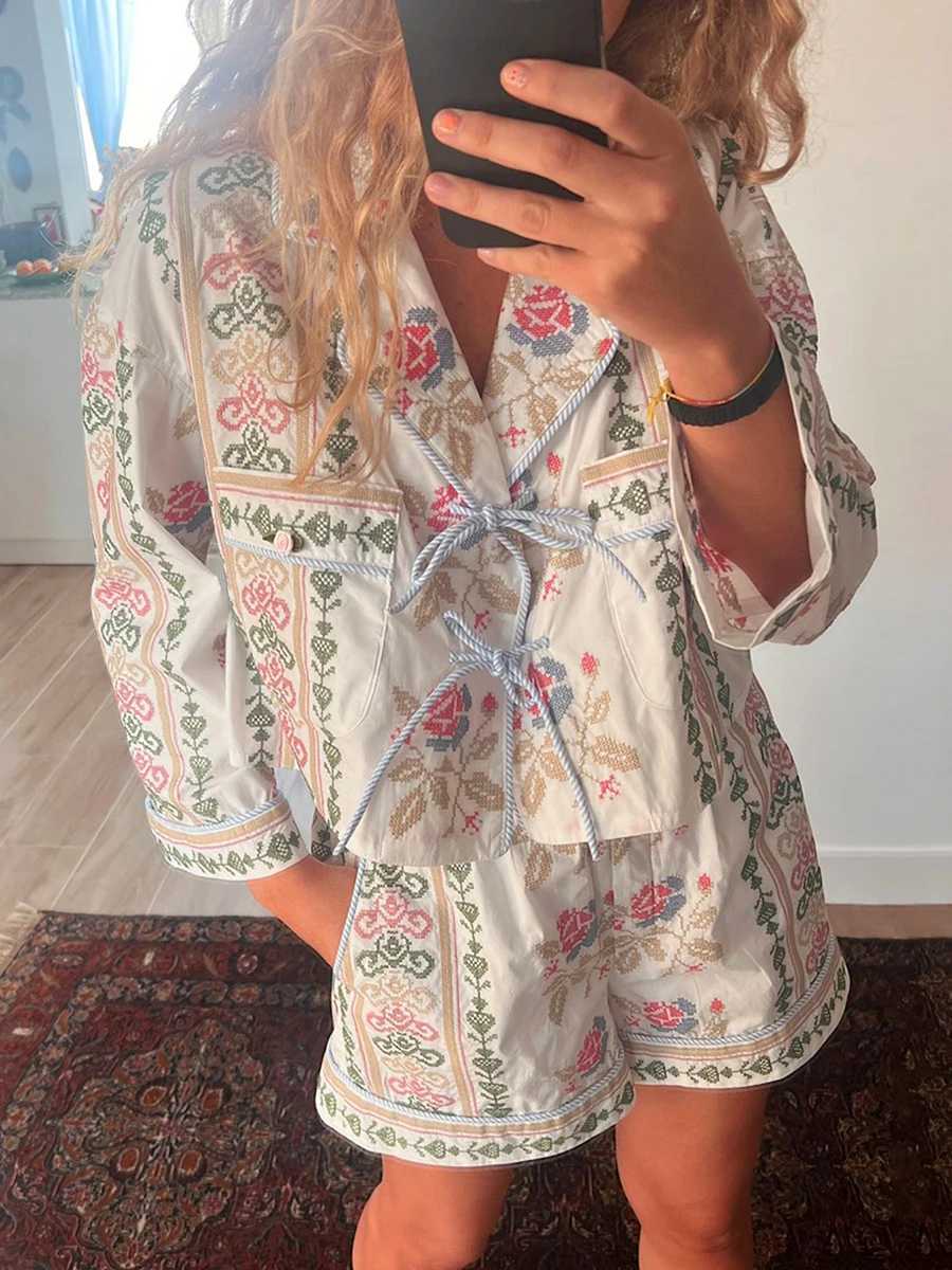 Women's Two Piece Pants Women 2 Piece Casual Lounge Sets Y2k Puff Slve Peplum Shirt Tie Front T Shirt Shorts 2pcs Pajamas Sets Y241213YVJZ