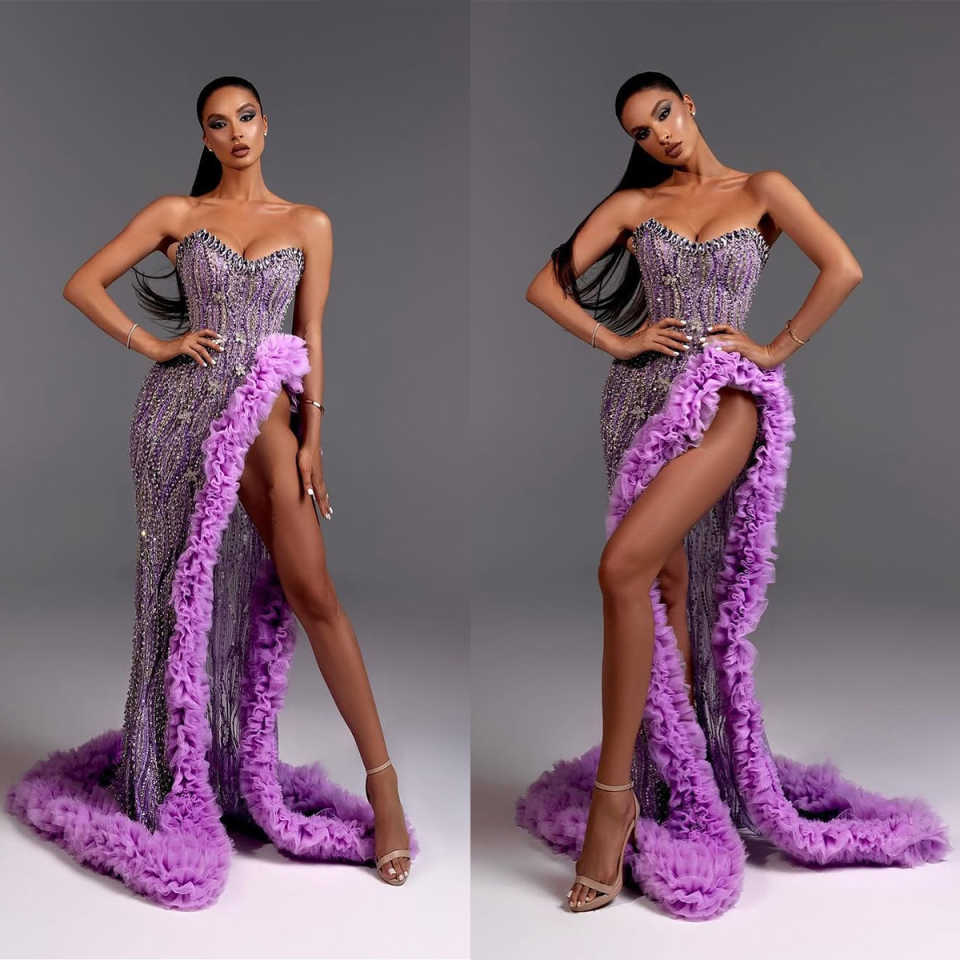 Fashion Evening Dresses For Women Sweetheart Neck Sleeveless Gown Sequins Crystal Split Side Sweep Train Customized Dress
