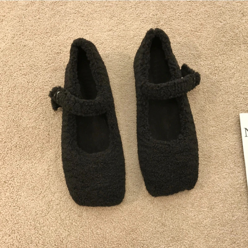 Fashion Square Toe Lambswool Ballet Apartment Womens Winter Warm Plush Coat Womens Teddy Fur Mary Jane Pink Shoes 241213