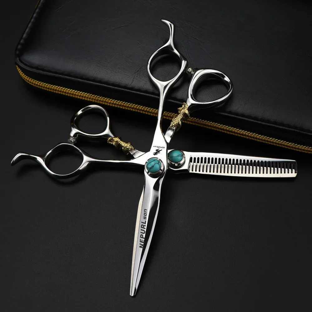 New Arrival Professional 440c steel 6 green gem hair scissors cutting barber tools Tiger haircut thinning shears hairdresser scissors Z241213