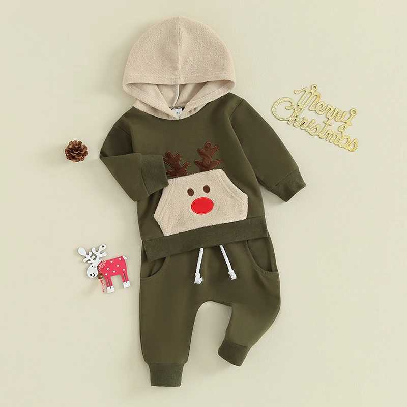 FOCUSNORM 0-3Y Toddler Baby Boys Christmas Clothes Sets Deer Print Long Sleeve Pocket Hoodies Pullover Tops Elastic Waist Pants W241213