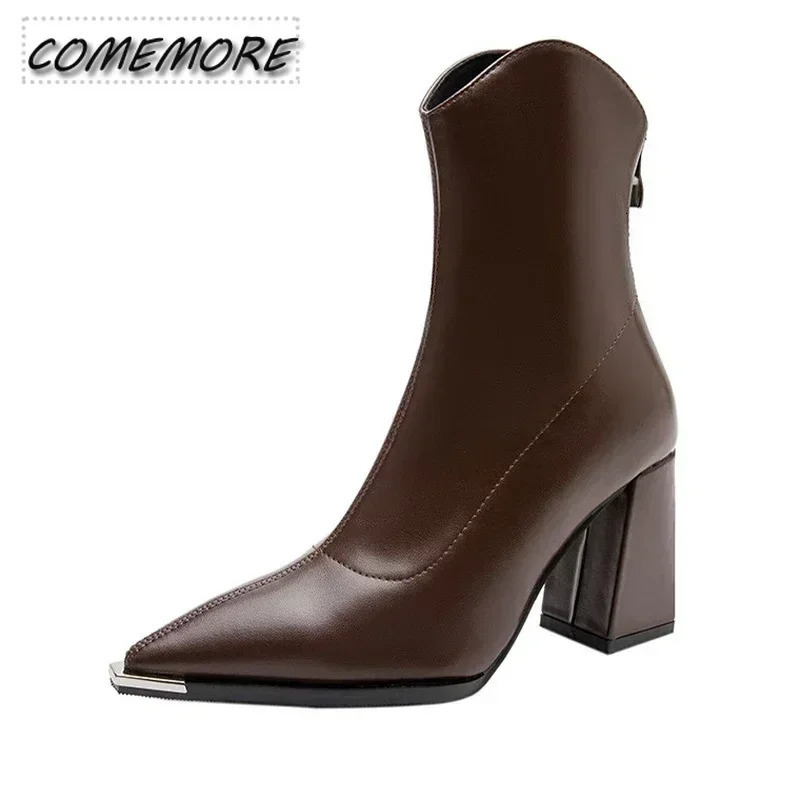 2024 Winter High Heels Sexy Womens Shoes Short and Fat Ankle Chelsea Boots Fashion Corner Toe Zipper Gothic Pump Black Brown 241213
