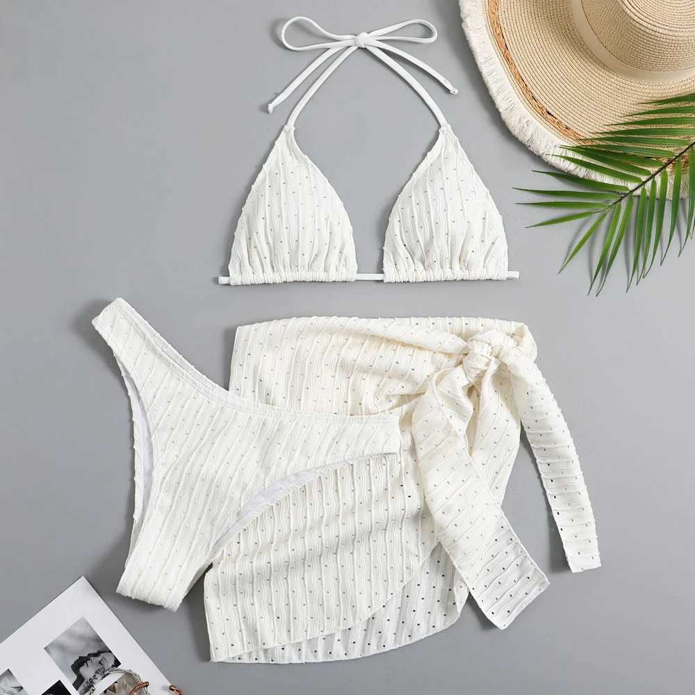 2024 Summer Halter Bikini 3 Pieces Women Special Material Sexy Thong Swimwear With Sarong Skirt White/Black//Green BeachwearXJ241212