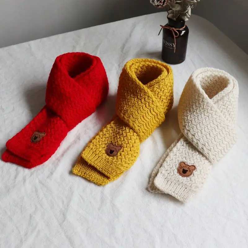 Scarves Wraps Winter Knitted Wool Scarf for Baby Cute Cartoon Bear Infant Short Scarves Korean Warm Solid Color Kids Boys Girls Neckerchief H241213