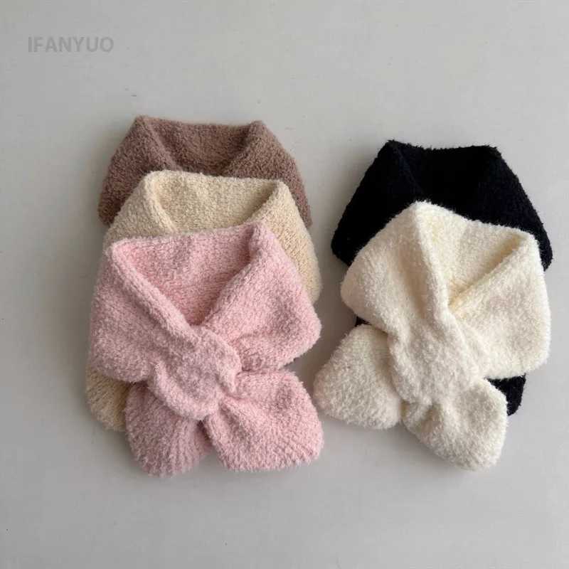 Scarves Wraps 0-6Y Baby Scarf Winter Knitted Plush Soft Cotton Solid Color Versatile Baby Windproof Outdoor Cross Scarves Warmer Neck Cover H241213