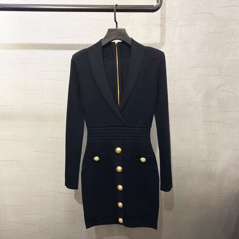 Skirt Set HIGH QUALITY Newest Fall Winter Designer Women's Long Sleeve Notched Collar Knit Dress