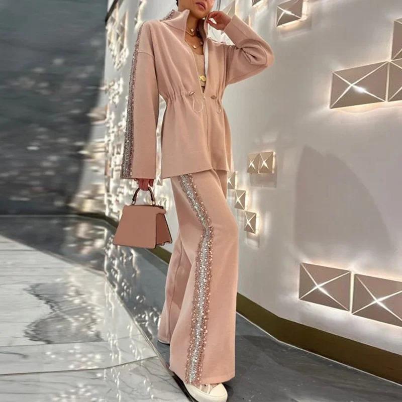 Vintage Sequin Solid Color Long Sleeved Drawstring Top Wide Leg Pants suit 2025 Elegant Shiny Lady Chic Office Autumn set 241203